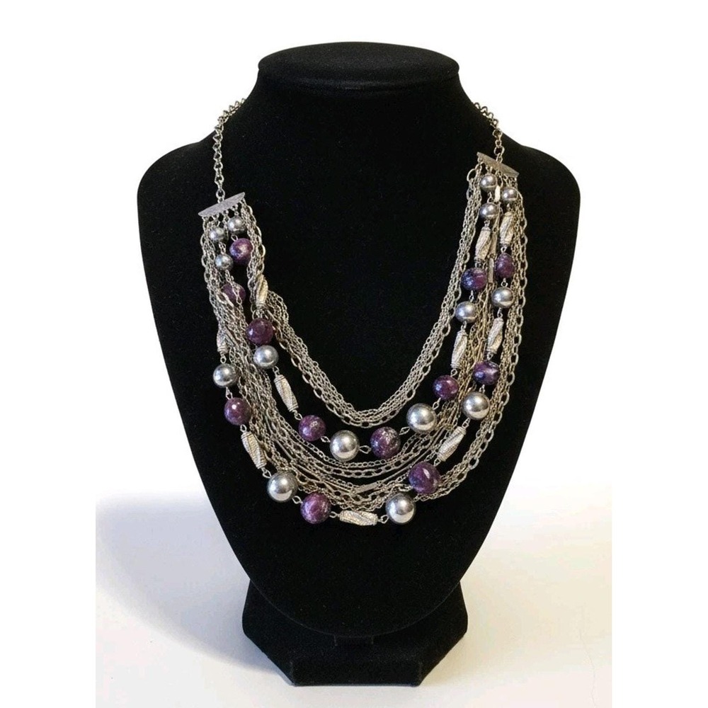 Vtg Silver Purple Beaded Silver Tone Multi-Strand Statement Fashion Necklace